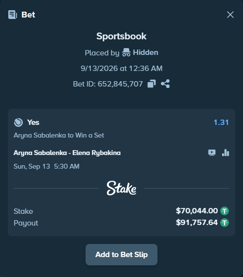 Bet slip: Aryna Sabalenka - Elena Rybakina, $70,044.00 stake at 1.31 odds, placed by Hidden