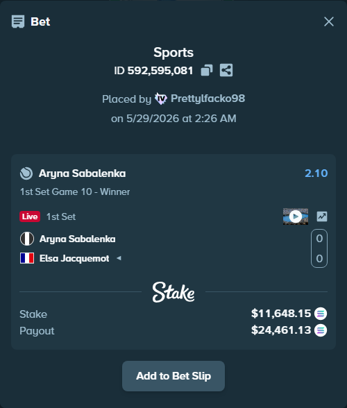 Bet slip: Aryna Sabalenka - Elsa Jacquemot, $10,457.76 stake at 2.10 odds, placed by Prettylfacko98