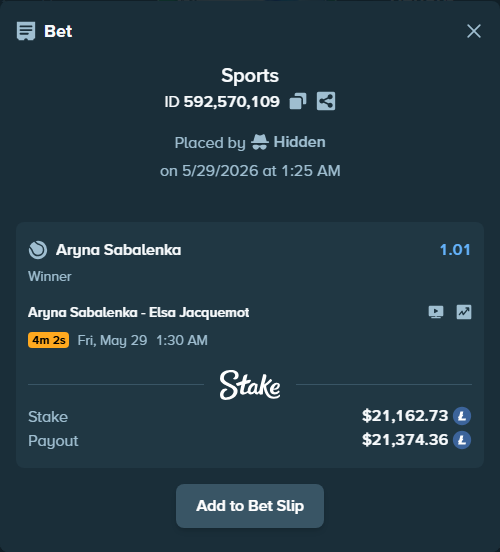 Bet slip: Aryna Sabalenka - Elsa Jacquemot, $18,355.71 stake at 1.01 odds, placed by Hidden