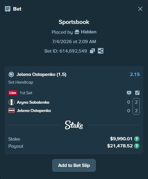 Bet slip: Aryna Sabalenka - Jelena Ostapenko, $10,000.00 stake at 2.15 odds, placed by Hidden