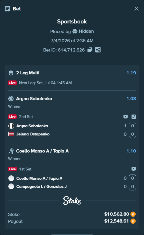 Bet slip: Aryna Sabalenka - Jelena Ostapenko, $10,740.27 stake at 1.08 odds, placed by Hidden