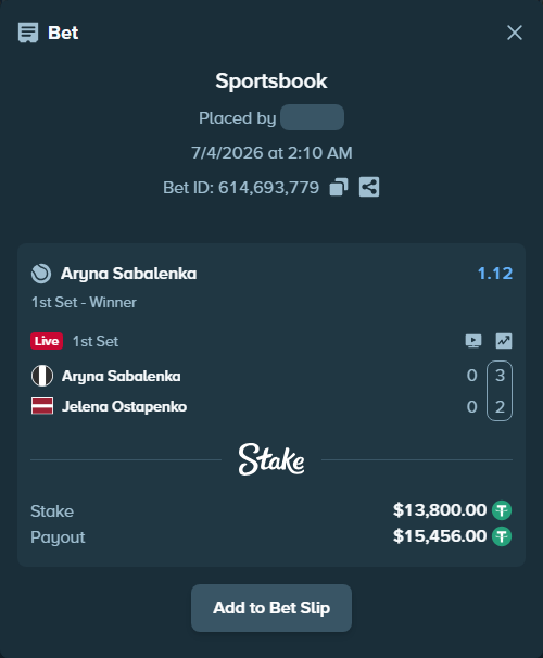 Bet slip: Aryna Sabalenka - Jelena Ostapenko, $13,813.80 stake at 1.12 odds, placed by Borsmaxx