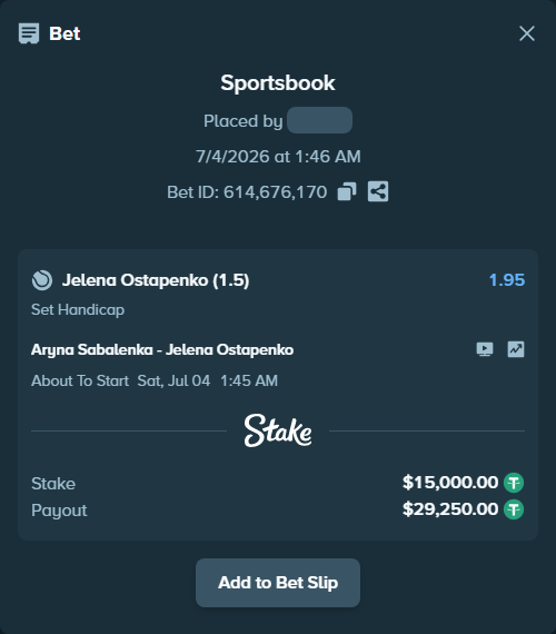Bet slip: Aryna Sabalenka - Jelena Ostapenko, $15,015.00 stake at 1.95 odds, placed by zhanjinkun