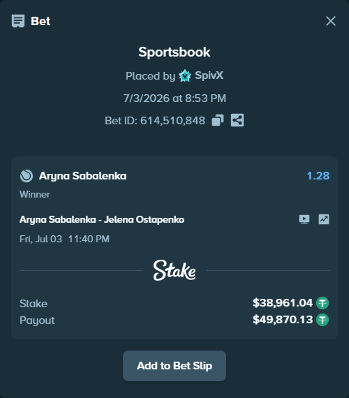 Bet slip: Aryna Sabalenka - Jelena Ostapenko, $39,000.00 stake at 1.28 odds, placed by SpivX