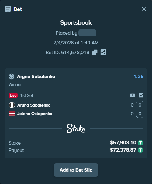 Bet slip: Aryna Sabalenka - Jelena Ostapenko, $57,961.00 stake at 1.25 odds, placed by diomancy