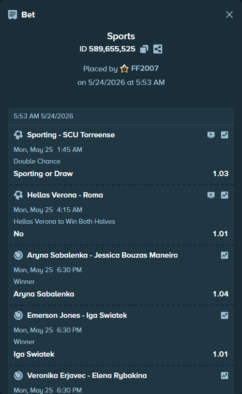 Bet slip: Aryna Sabalenka - Jessica Bouzas Maneiro, $11,782.07 stake at 1.04 odds, placed by FF2007