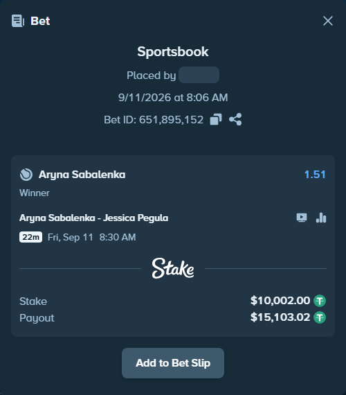Bet slip: Aryna Sabalenka - Jessica Pegula, $10,000.00 stake at 1.51 odds, placed by zhanjinkun