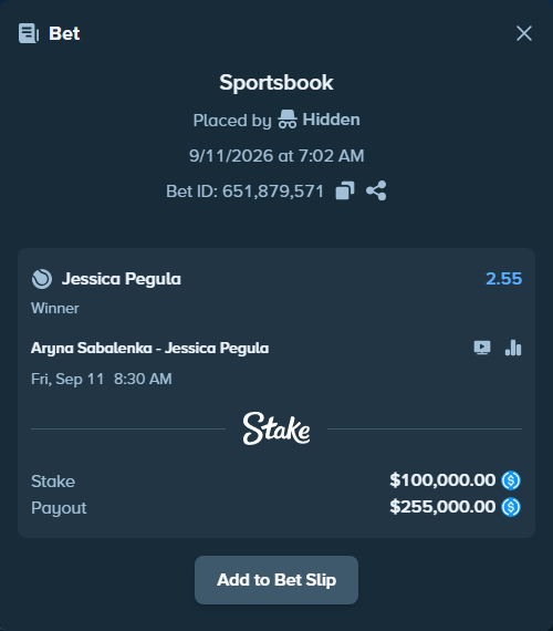 Bet slip: Aryna Sabalenka - Jessica Pegula, $100,000.00 stake at 2.55 odds, placed by Hidden