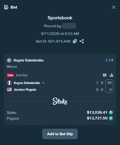 Bet slip: Aryna Sabalenka - Jessica Pegula, $12,034.00 stake at 1.14 odds, placed by jienigou