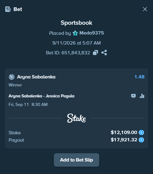 Bet slip: Aryna Sabalenka - Jessica Pegula, $12,109.00 stake at 1.48 odds, placed by Meda9375