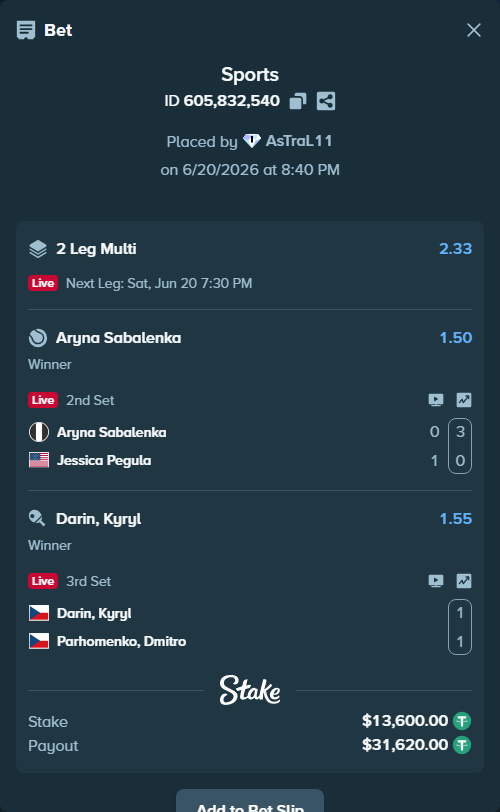 Bet slip: Aryna Sabalenka - Jessica Pegula, $13,613.60 stake at 1.50 odds, placed by AsTraL11