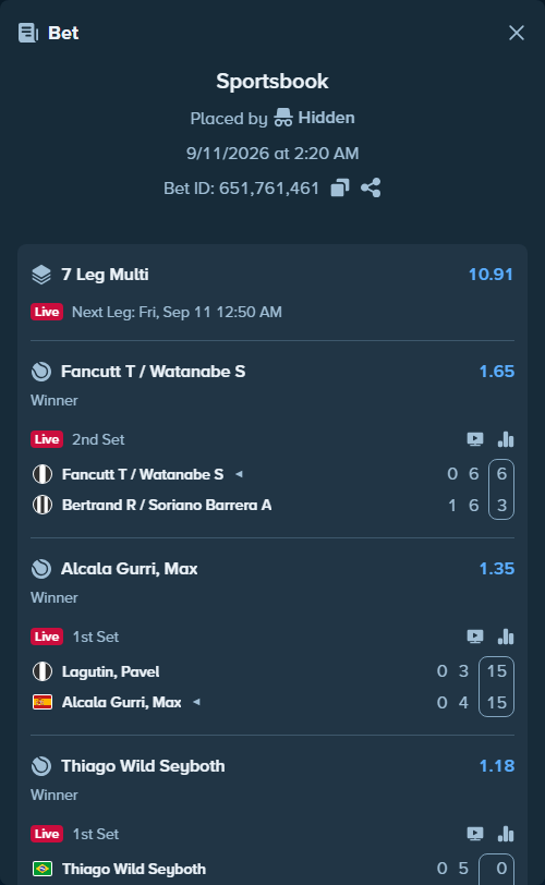 Bet slip: Aryna Sabalenka - Jessica Pegula, $15,000.00 stake at 1.48 odds, placed by Hidden