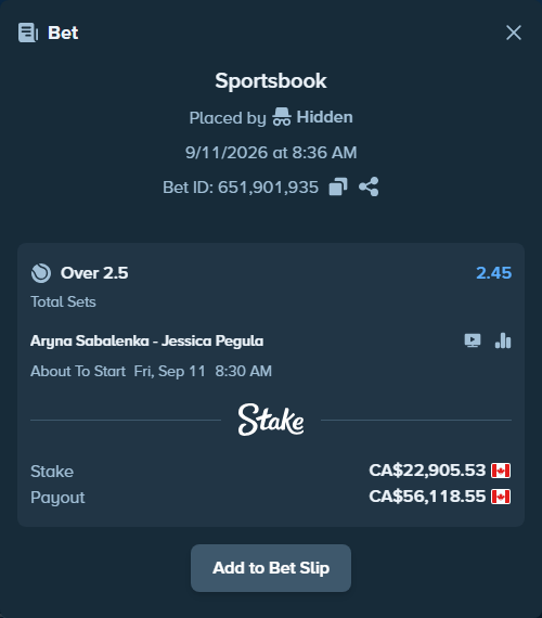 Bet slip: Aryna Sabalenka - Jessica Pegula, $16,950.09 stake at 2.45 odds, placed by Hidden
