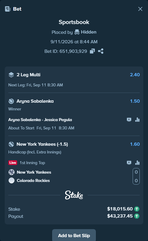 Bet slip: Aryna Sabalenka - Jessica Pegula, $18,012.00 stake at 1.50 odds, placed by Hidden