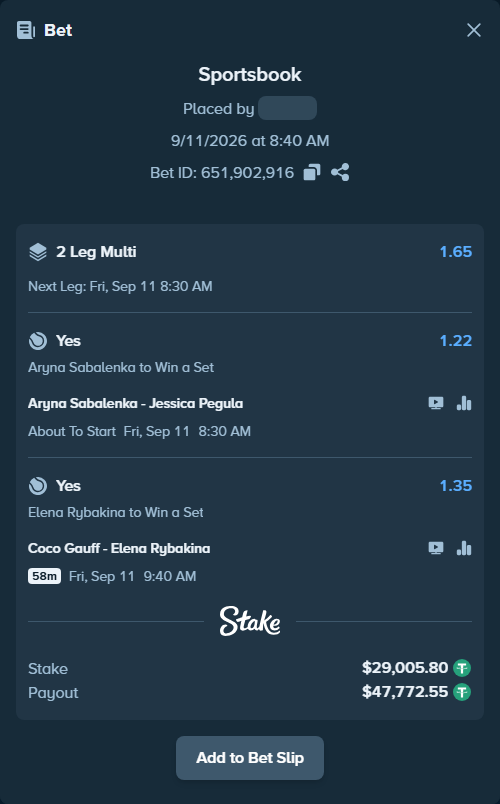 Bet slip: Aryna Sabalenka - Jessica Pegula, $29,000.00 stake at 1.22 odds, placed by SH7N28