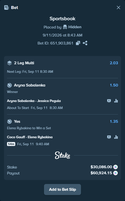 Bet slip: Aryna Sabalenka - Jessica Pegula, $29,957.28 stake at 1.50 odds, placed by Hidden