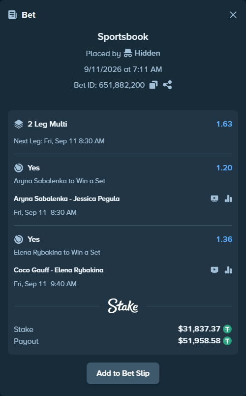 Bet slip: Aryna Sabalenka - Jessica Pegula, $31,831.00 stake at 1.20 odds, placed by Hidden