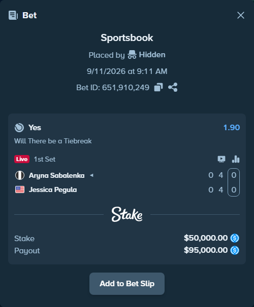 Bet slip: Aryna Sabalenka - Jessica Pegula, $50,000.00 stake at 1.90 odds, placed by Hidden