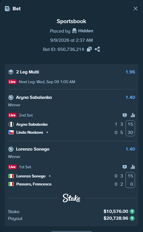 Bet slip: Aryna Sabalenka - Linda Noskova, $10,576.00 stake at 1.40 odds, placed by Hidden
