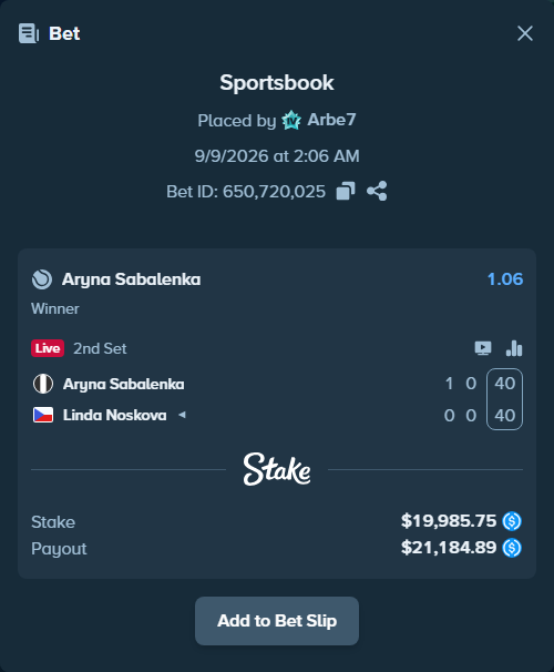 Bet slip: Aryna Sabalenka - Linda Noskova, $19,985.75 stake at 1.06 odds, placed by Arbe7