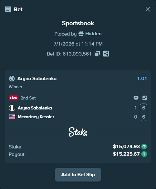 Bet slip: Aryna Sabalenka - Mccartney Kessler, $15,090.00 stake at 1.01 odds, placed by Hidden