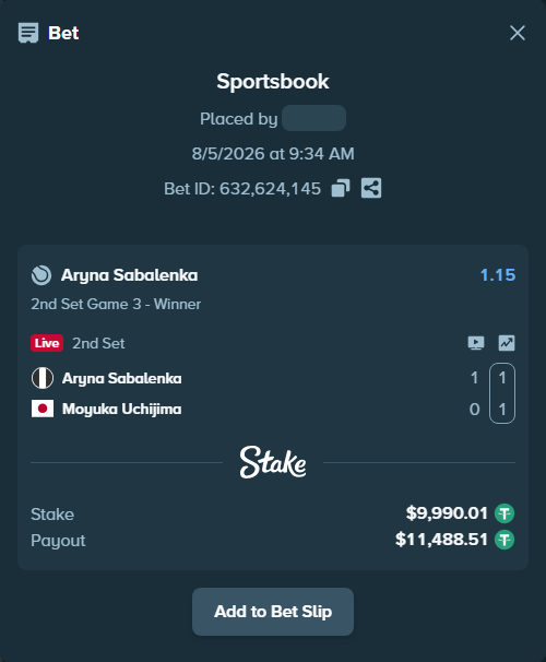 Bet slip: Aryna Sabalenka - Moyuka Uchijima, $10,000.00 stake at 1.15 odds, placed by Jude1112