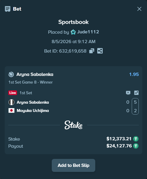 Bet slip: Aryna Sabalenka - Moyuka Uchijima, $12,385.58 stake at 1.95 odds, placed by Jude1112
