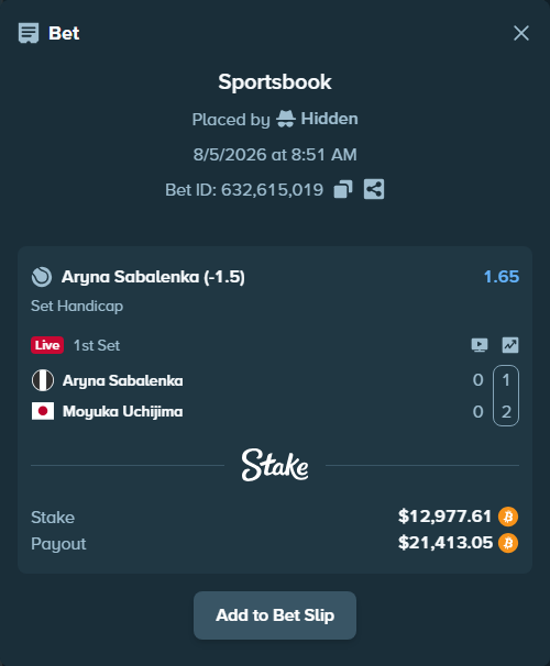 Bet slip: Aryna Sabalenka - Moyuka Uchijima, $12,964.00 stake at 1.65 odds, placed by Hidden