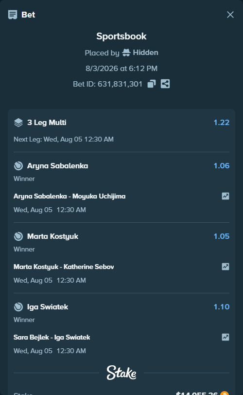 Bet slip: Aryna Sabalenka - Moyuka Uchijima, $14,510.76 stake at 1.06 odds, placed by Hidden