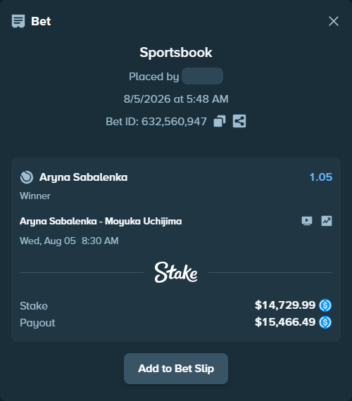 Bet slip: Aryna Sabalenka - Moyuka Uchijima, $14,729.99 stake at 1.05 odds, placed by kievpanda