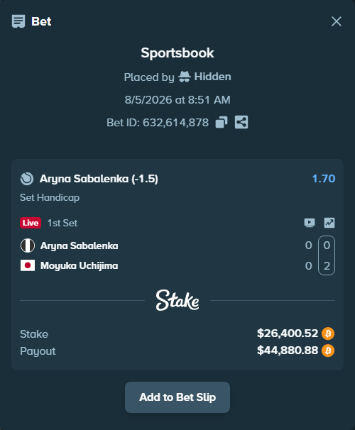 Bet slip: Aryna Sabalenka - Moyuka Uchijima, $26,372.84 stake at 1.70 odds, placed by Hidden