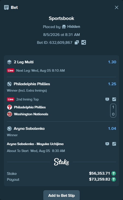 Bet slip: Aryna Sabalenka - Moyuka Uchijima, $56,410.06 stake at 1.04 odds, placed by Hidden