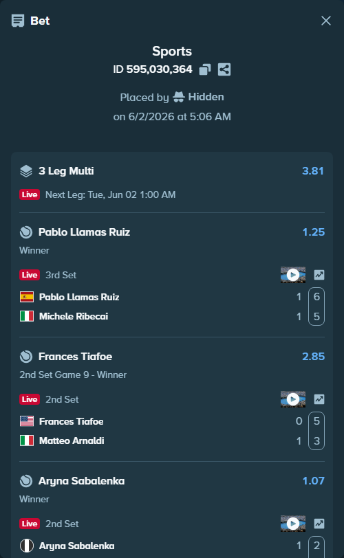 Bet slip: Aryna Sabalenka - Naomi Osaka, $10,400.00 stake at 1.07 odds, placed by Hidden