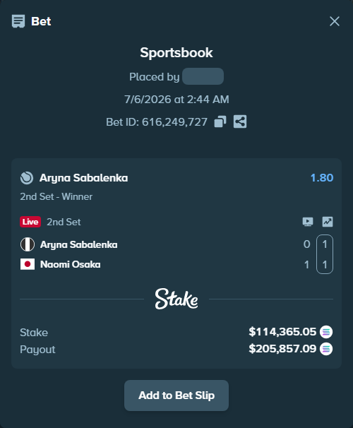 Bet slip: Aryna Sabalenka - Naomi Osaka, $115,018.07 stake at 1.80 odds, placed by Prettylfacko98