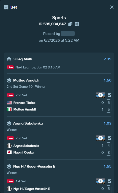 Bet slip: Aryna Sabalenka - Naomi Osaka, $12,700.00 stake at 1.03 odds, placed by erriiccaa