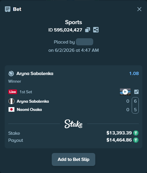 Bet slip: Aryna Sabalenka - Naomi Osaka, $13,406.78 stake at 1.08 odds, placed by zza121611