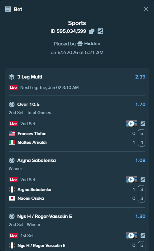 Bet slip: Aryna Sabalenka - Naomi Osaka, $14,000.00 stake at 1.08 odds, placed by Hidden