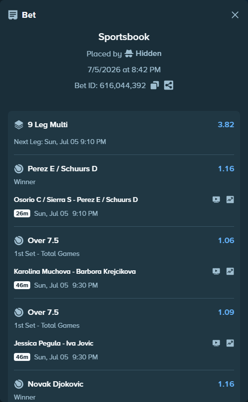 Bet slip: Aryna Sabalenka - Naomi Osaka, $20,256.94 stake at 1.22 odds, placed by Hidden