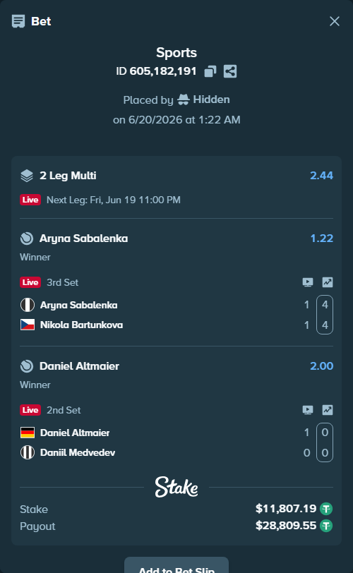 Bet slip: Aryna Sabalenka - Nikola Bartunkova, $11,819.00 stake at 1.22 odds, placed by Hidden
