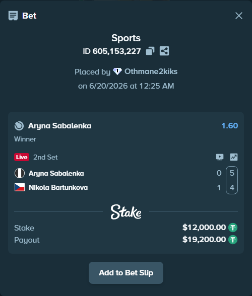 Bet slip: Aryna Sabalenka - Nikola Bartunkova, $12,012.00 stake at 1.60 odds, placed by Othmane2kiks