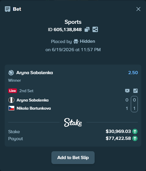 Bet slip: Aryna Sabalenka - Nikola Bartunkova, $31,000.00 stake at 2.50 odds, placed by Hidden