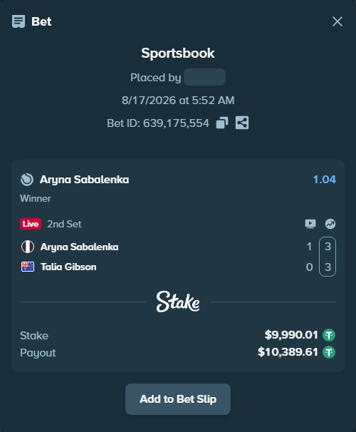 Bet slip: Aryna Sabalenka - Talia Gibson, $10,000.00 stake at 1.04 odds, placed by Raja6457
