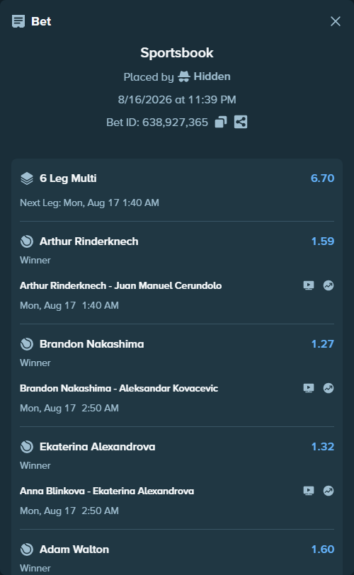 Bet slip: Aryna Sabalenka - Talia Gibson, $15,000.00 stake at 1.13 odds, placed by Hidden