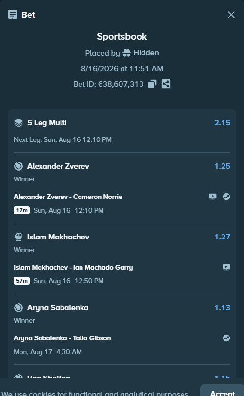 Bet slip: Aryna Sabalenka - Talia Gibson, $20,100.27 stake at 1.13 odds, placed by Hidden