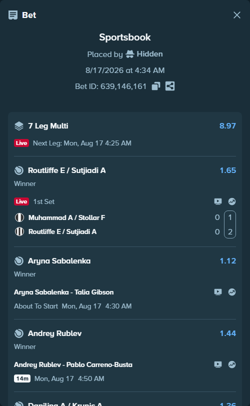 Bet slip: Aryna Sabalenka - Talia Gibson, $29,355.00 stake at 1.12 odds, placed by Hidden