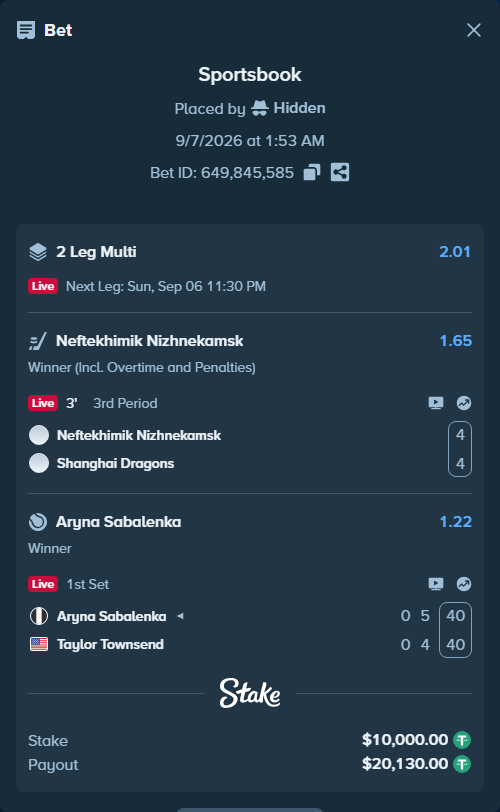 Bet slip: Aryna Sabalenka - Taylor Townsend, $10,000.00 stake at 1.22 odds, placed by Hidden
