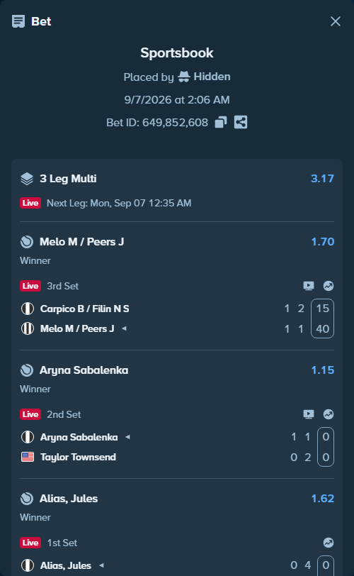 Bet slip: Aryna Sabalenka - Taylor Townsend, $10,000.00 stake at 1.15 odds, placed by Hidden