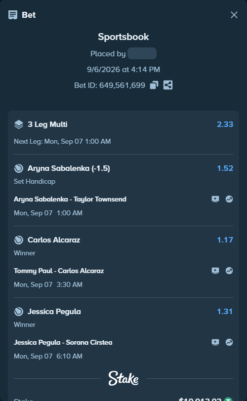 Bet slip: Aryna Sabalenka - Taylor Townsend, $10,012.02 stake at 1.52 odds, placed by Davidbushel1
