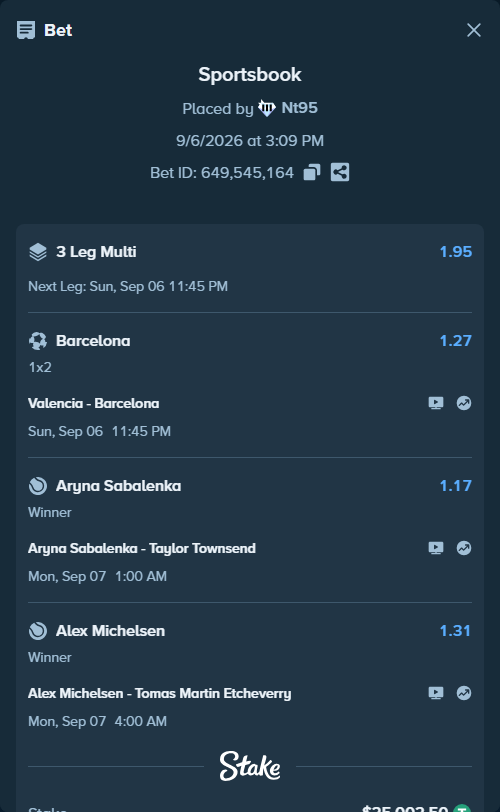 Bet slip: Aryna Sabalenka - Taylor Townsend, $25,000.00 stake at 1.17 odds, placed by Nt95