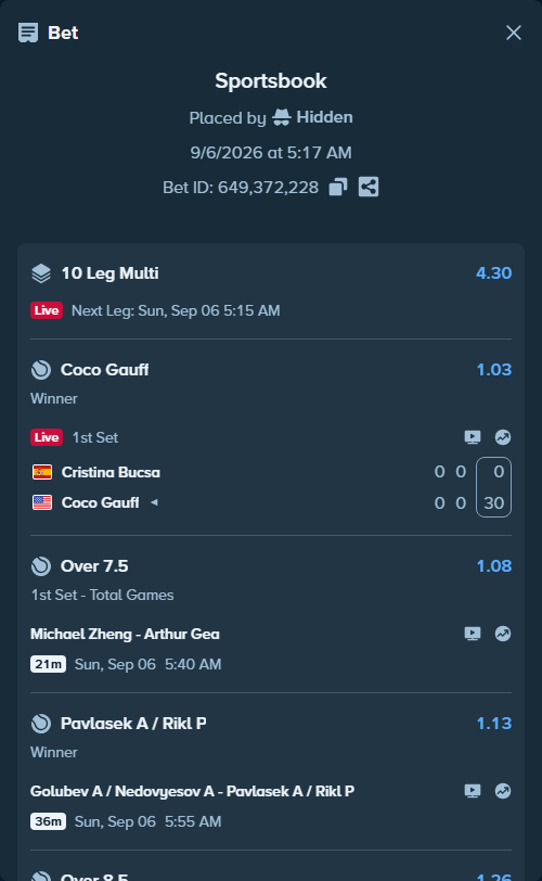 Bet slip: Aryna Sabalenka - Taylor Townsend, $75,000.00 stake at 1.17 odds, placed by Hidden